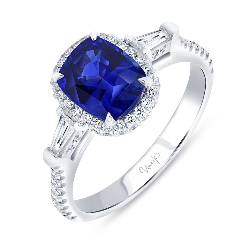 18K White Gold Three Stone Oval Blue Sapphire, Tapered Baguette and Round Diamond Ring