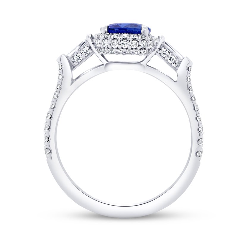 18K White Gold Three Stone Oval Blue Sapphire, Tapered Baguette and Round Diamond Ring