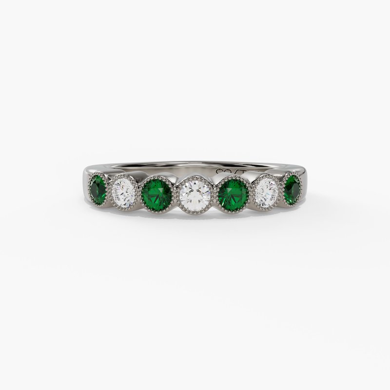 14K White Gold Emerald & Diamond Bezel Set Band