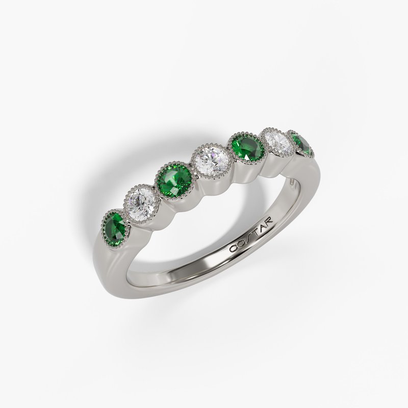 14K White Gold Emerald & Diamond Bezel Set Band