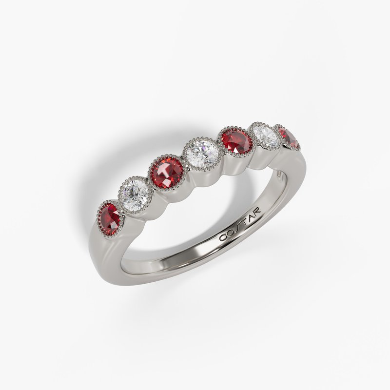 14K White Gold Ruby & Diamond Bezel Band