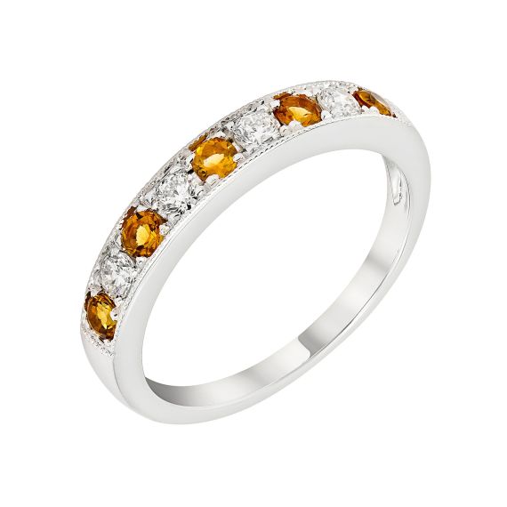 14K White Gold Citrine & Diamond Milgrain Band