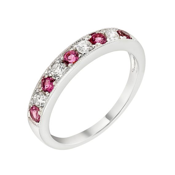 14K White Gold Pink Tourmaline & Diamond Milgrain Band