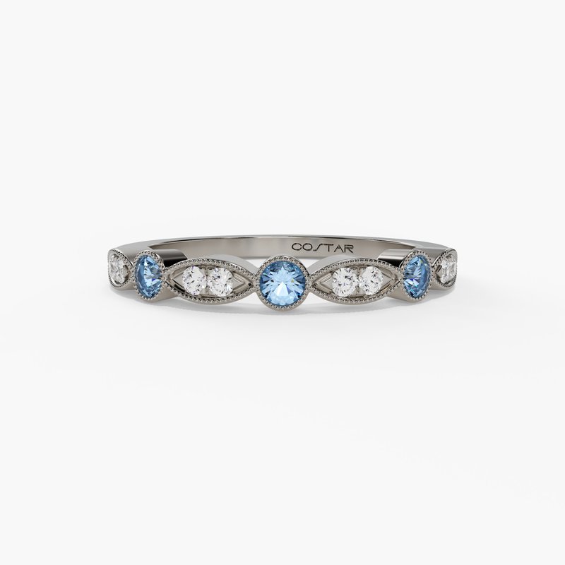 14K White Gold Blue Zircon & Diamond Milgrain Band
