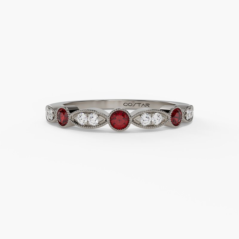 14K White Gold Ruby & Diamond Milgrain Band