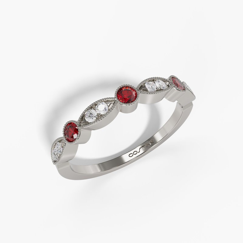 14K White Gold Ruby & Diamond Milgrain Band