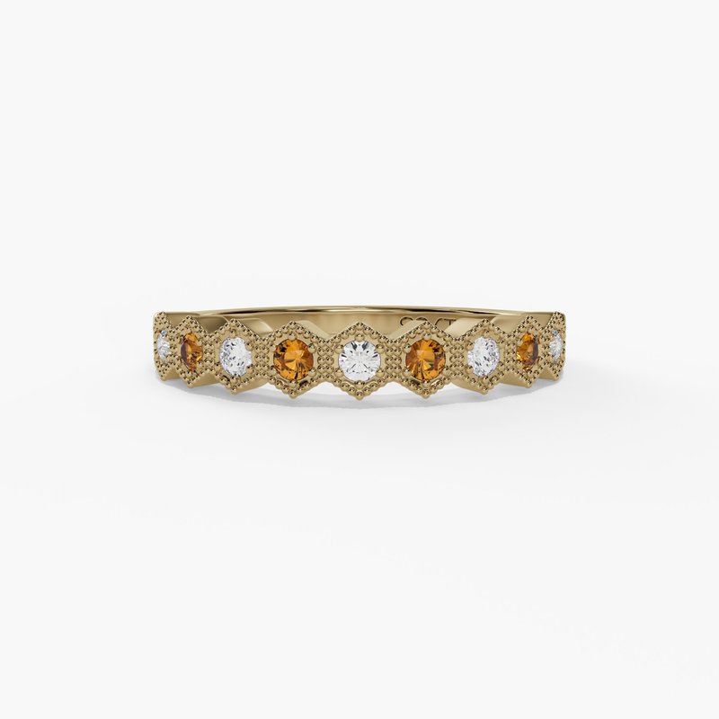 14K Gold Citrine & Diamond Milgrain Band