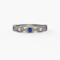 14K White Gold Blue Sapphire & Diamond Milgrain Band