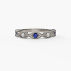 14K White Gold Blue Sapphire & Diamond Milgrain Band