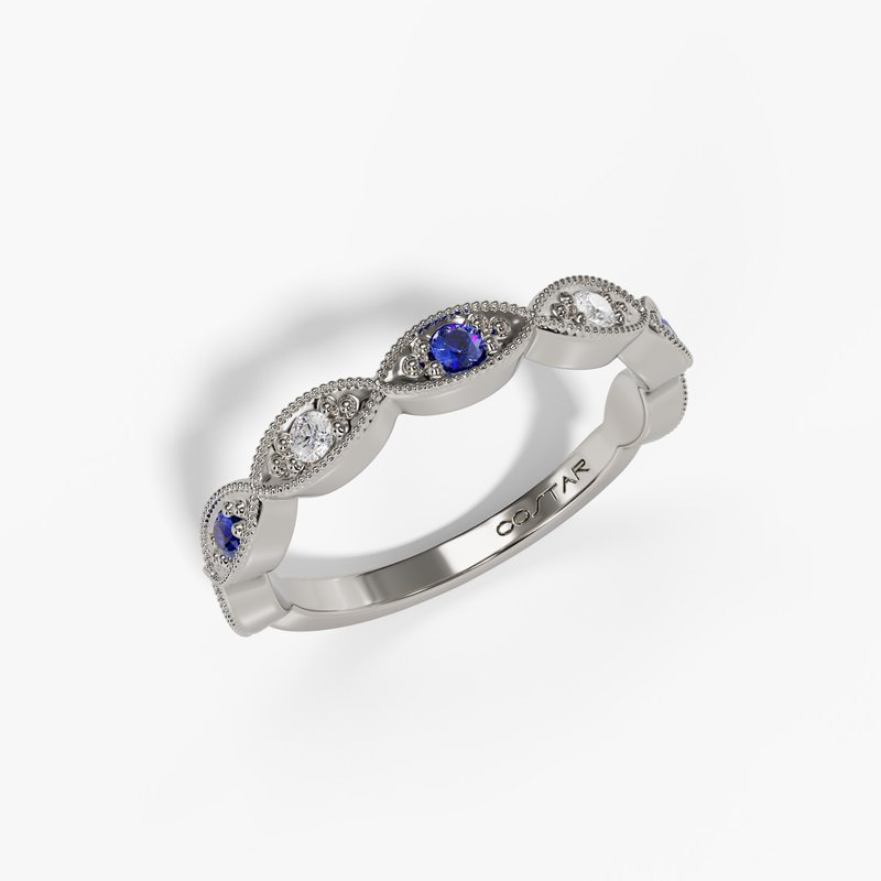 14K White Gold Blue Sapphire & Diamond Milgrain Band