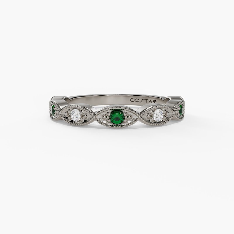14K White Gold Emerald & Diamond Milgrain Band