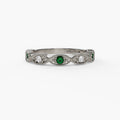 14K White Gold Emerald & Diamond Milgrain Band