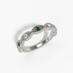 14K White Gold Emerald & Diamond Milgrain Band