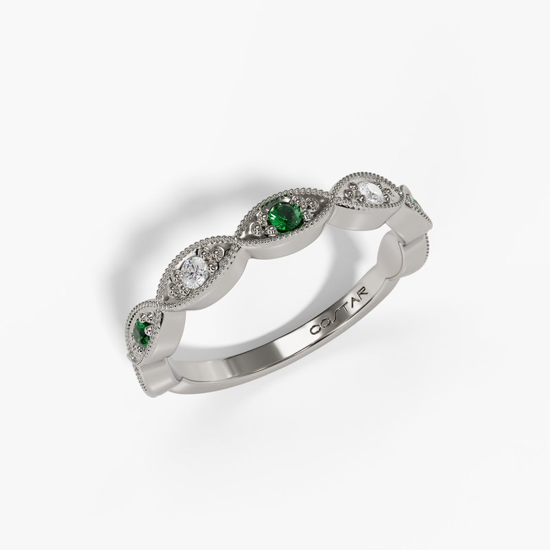 14K White Gold Emerald & Diamond Milgrain Band