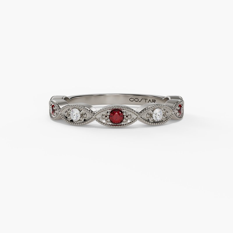 14K White Gold Ruby & Diamond Milgrain Band