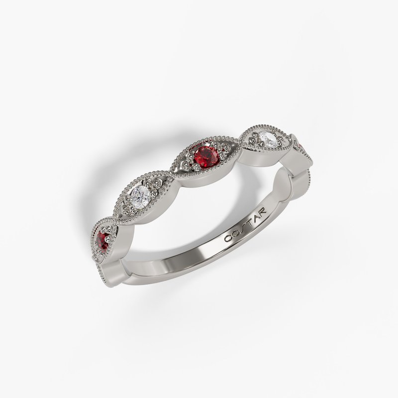 14K White Gold Ruby & Diamond Milgrain Band