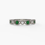 14K White Gold Emerald & Diamond Milgrain Band