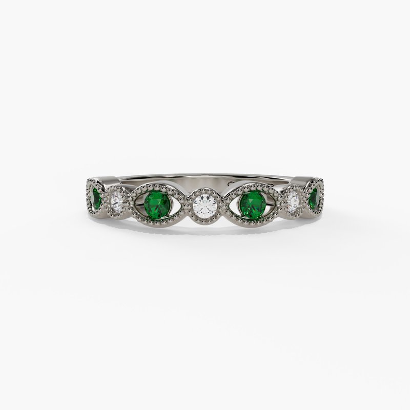 14K White Gold Emerald & Diamond Milgrain Band