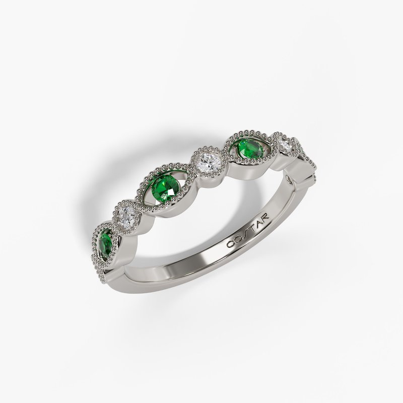 14K White Gold Emerald & Diamond Milgrain Band