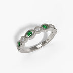 14K White Gold Emerald & Diamond Milgrain Band