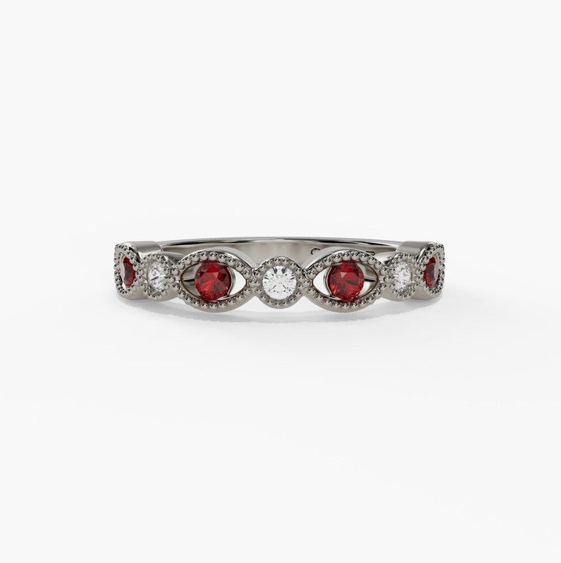 14K White Gold Sapphire & Diamond Milgrain Band