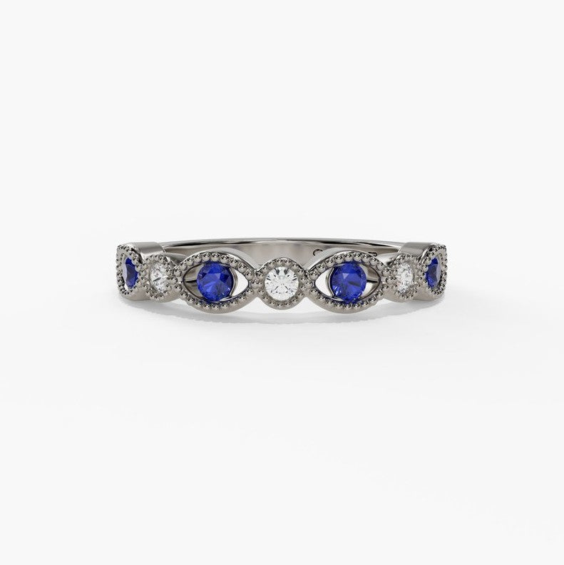 14K White Gold Sapphire & Diamond Milgrain Band