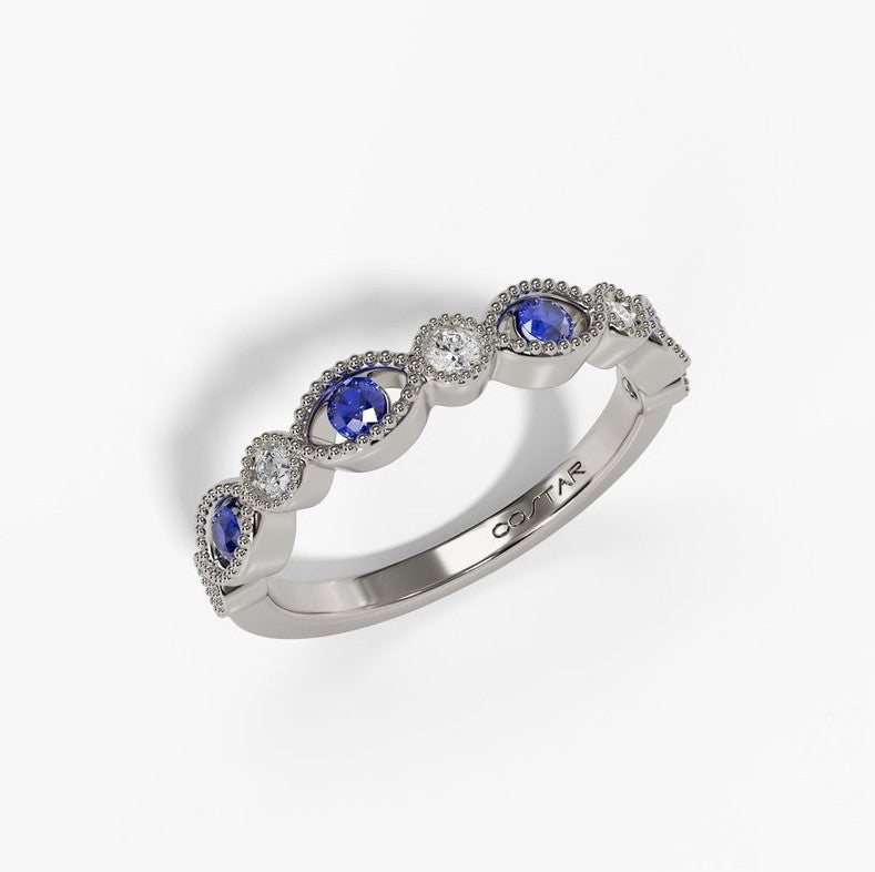 14K White Gold Sapphire & Diamond Milgrain Band