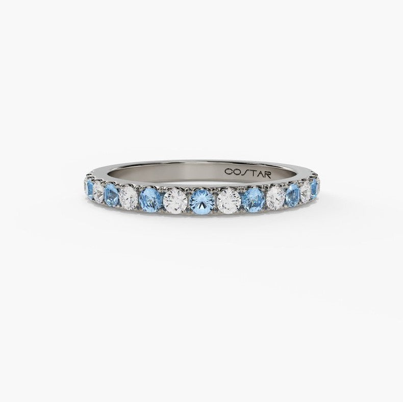 14K White Gold Blue Topaz & Diamond Micropave Band
