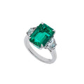 18K White Gold Three Stone Green Emerald and Diamond Ring