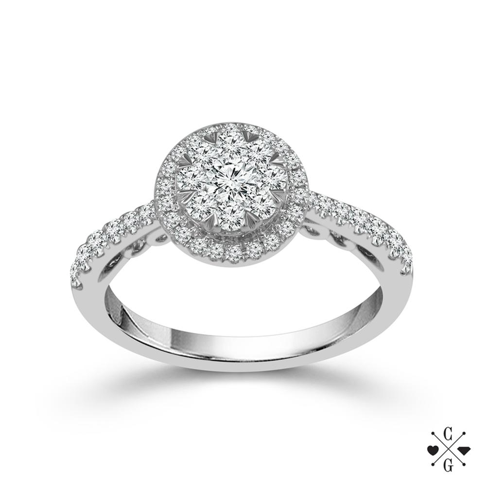 14K White Gold Round Halo Diamond Composite Engagement Ring