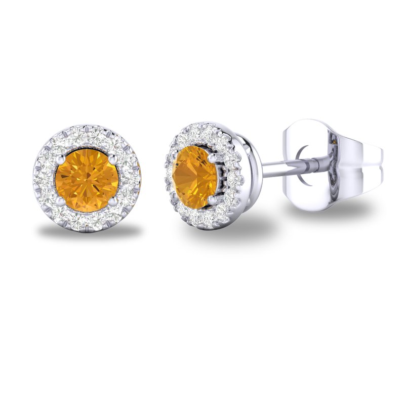 10K White Gold Halo Diamond and Citrine Birthstone Earrings