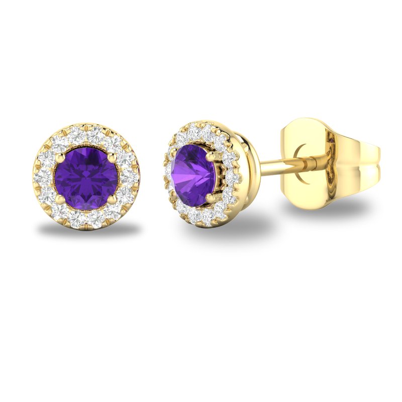 10K Gold Amethyst and Diamond Halo Birthstone Earrings