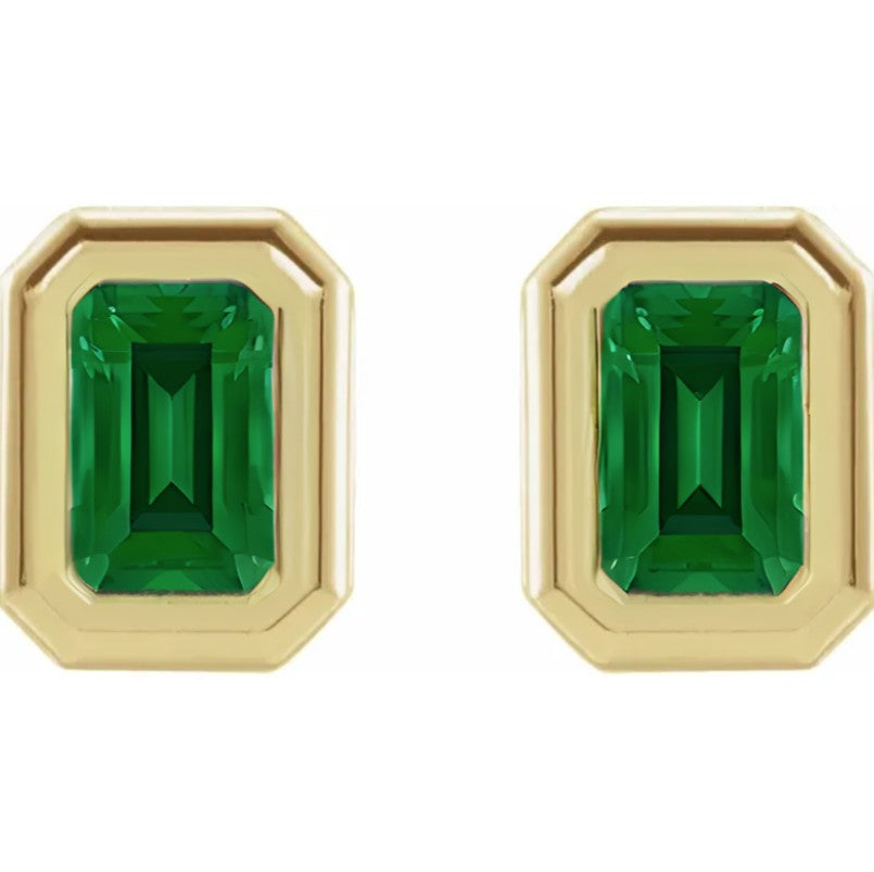 10K Gold Lab Created Emerald Bezel Birthstone Earrings