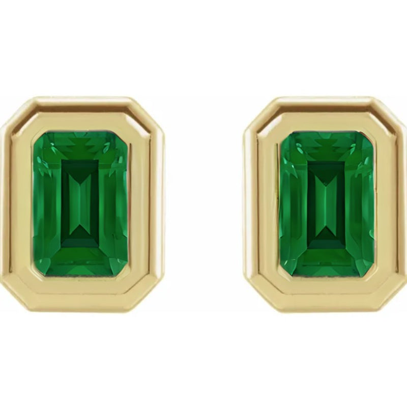 10K Gold Lab Created Emerald Bezel Birthstone Earrings