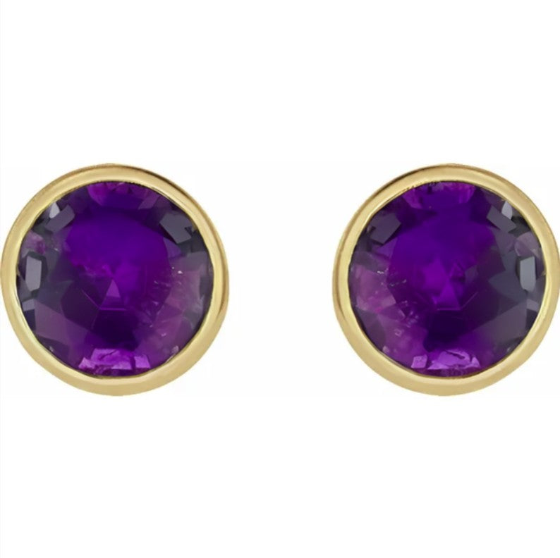 10K Gold Amethyst Bezel Birthstone Earrings