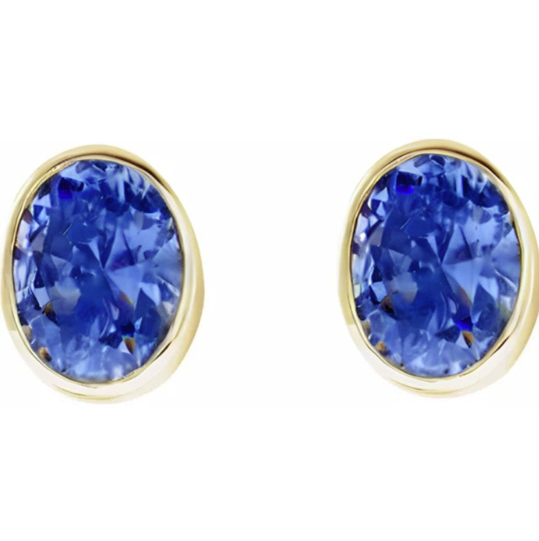10K Gold Lab Created Blue Sapphire Bezel Birthstone Earrings