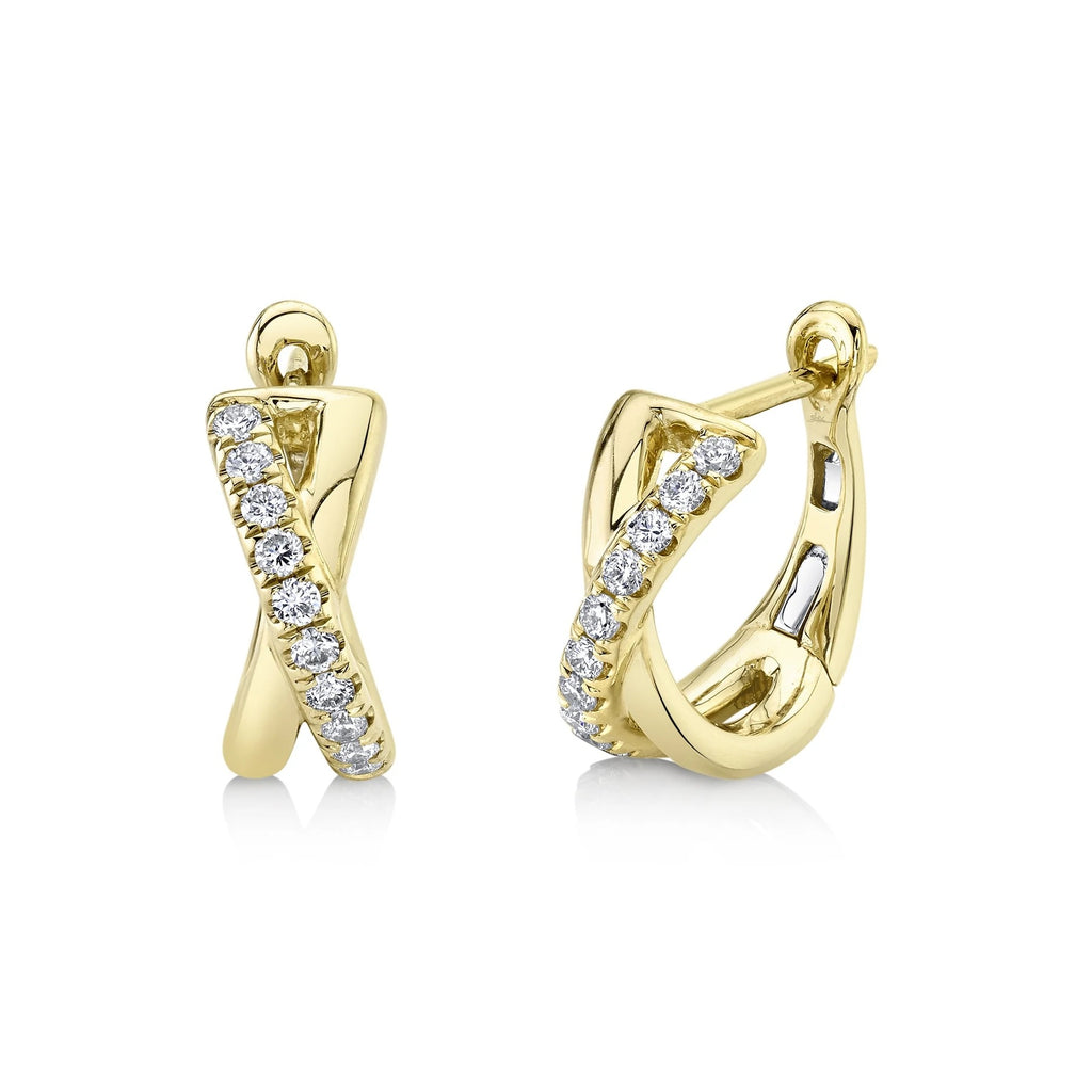 14K Gold Cross Over Diamond Huggie Earrings