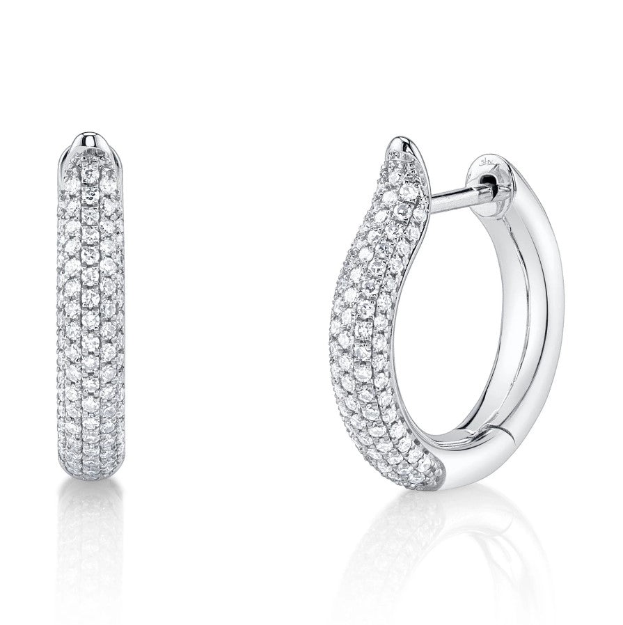 14K White Gold Small Hoop Pave Diamond Earrings