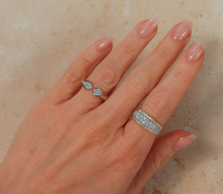 14K Yellow Gold Polished Cuff Pave Diamond Fashion Ring