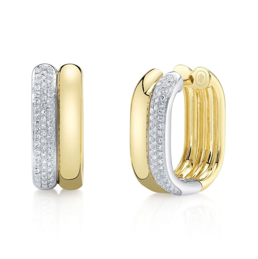 Two Tone 14K Yellow & White Gold Diamond Hoop Earrings