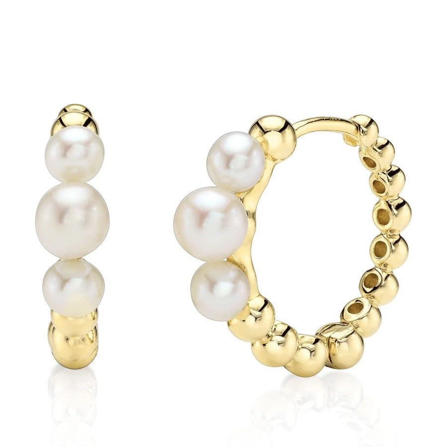 14K Yellow Gold Pearl Huggie Earrings