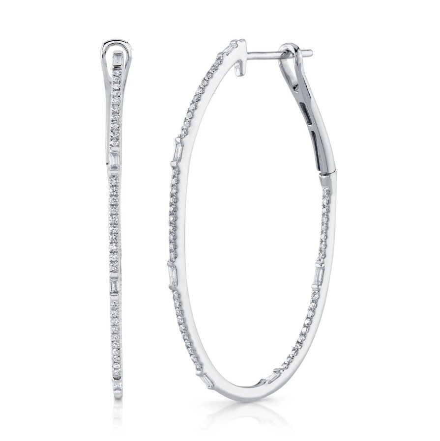 14K White Gold Oval Diamond Hoop