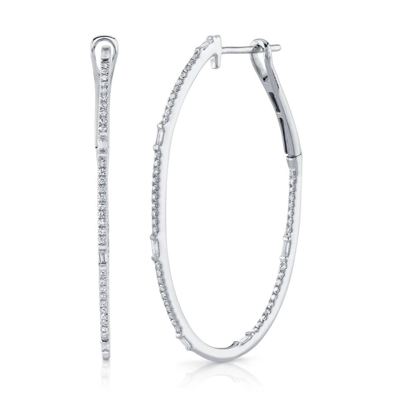 14K White Gold Oval Diamond Hoop