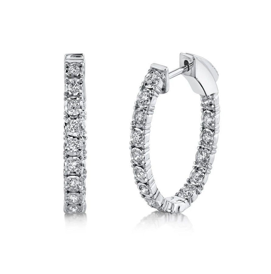14K White Gold Oval Diamond Hoop Earrings