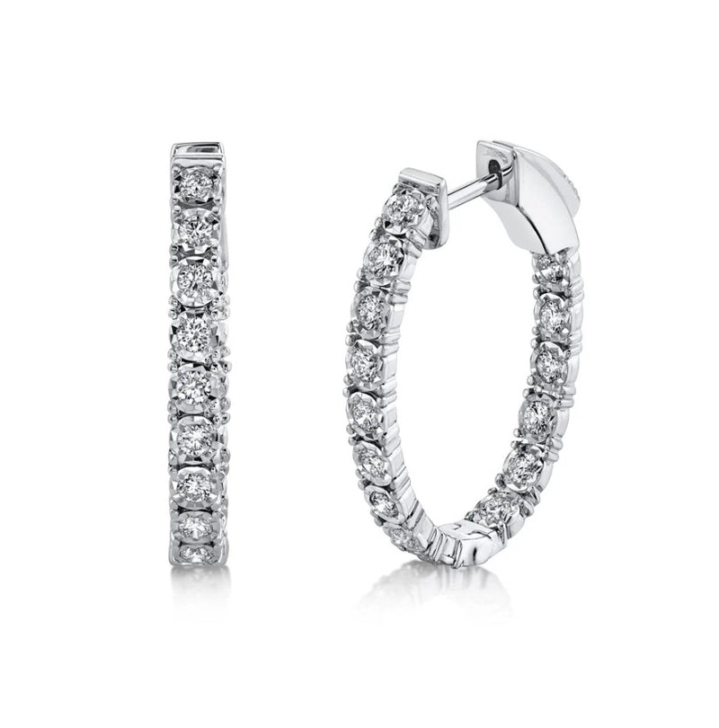 14K White Gold Oval Diamond Hoop Earrings