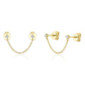 14K Gold Double Diamond Stud Chain Earrings