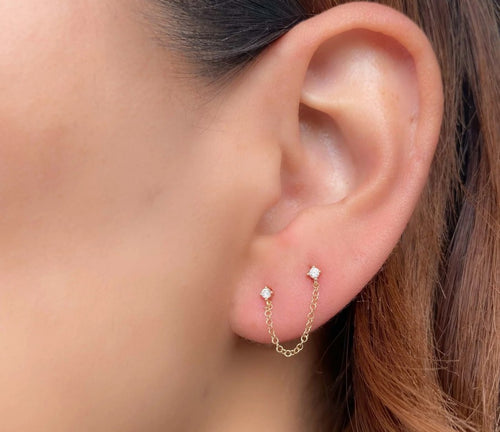 14K Gold Double Diamond Stud Chain Earrings