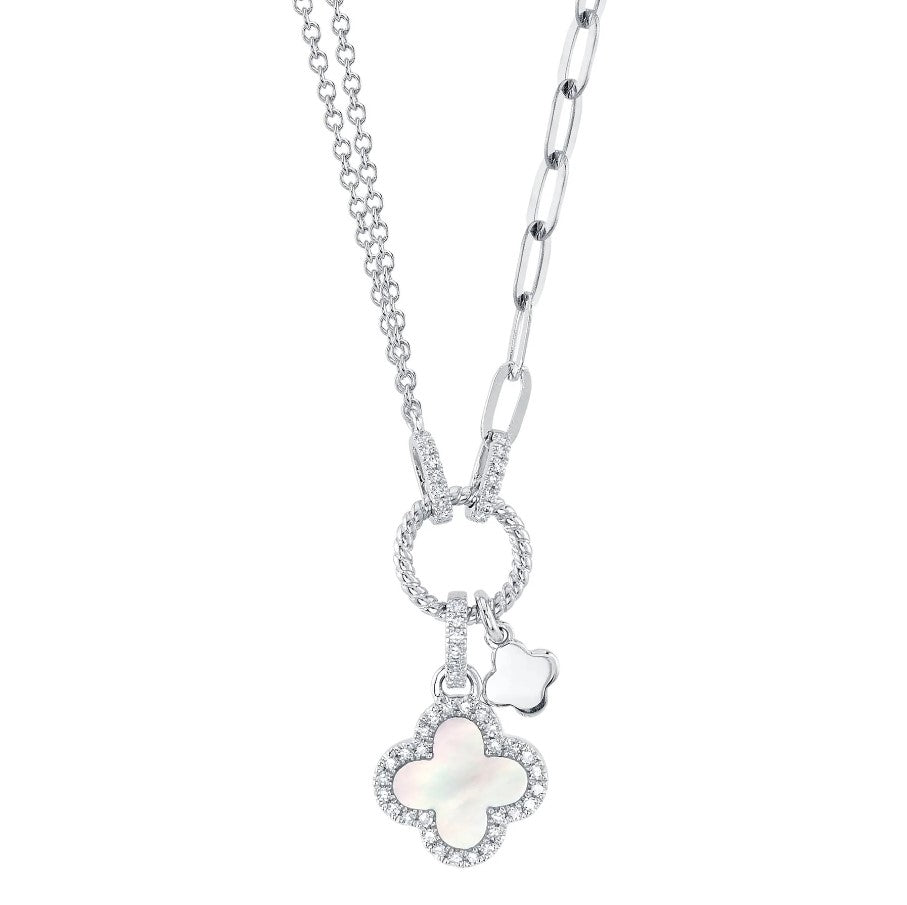 14K White Gold Paper Clip and Clover Necklace