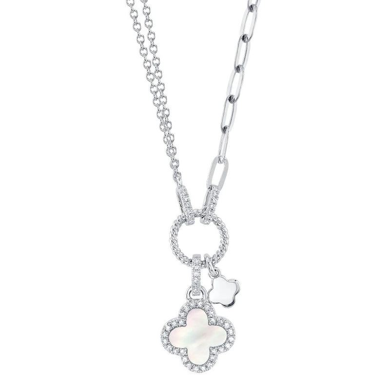 14K White Gold Paper Clip and Clover Necklace