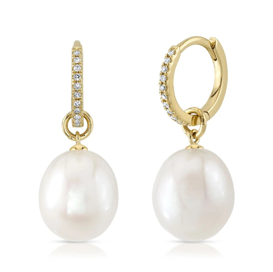 14K Yellow Gold Pearl Drop Diamond Earrings